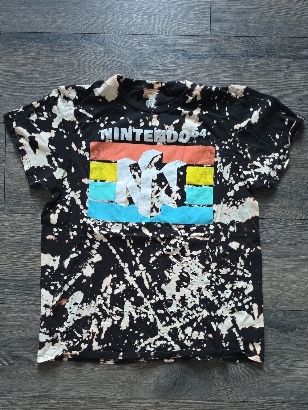 Nintendo 64 Bleach Splatter Graphic Tee Official Licensed N64 Logo Distressed
